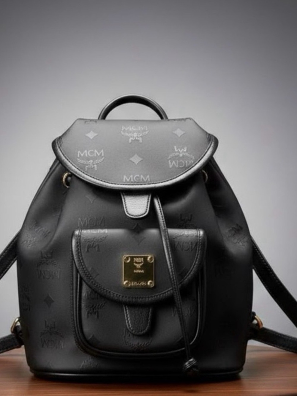 MCM Black Leather Logo Drawstring Backpack